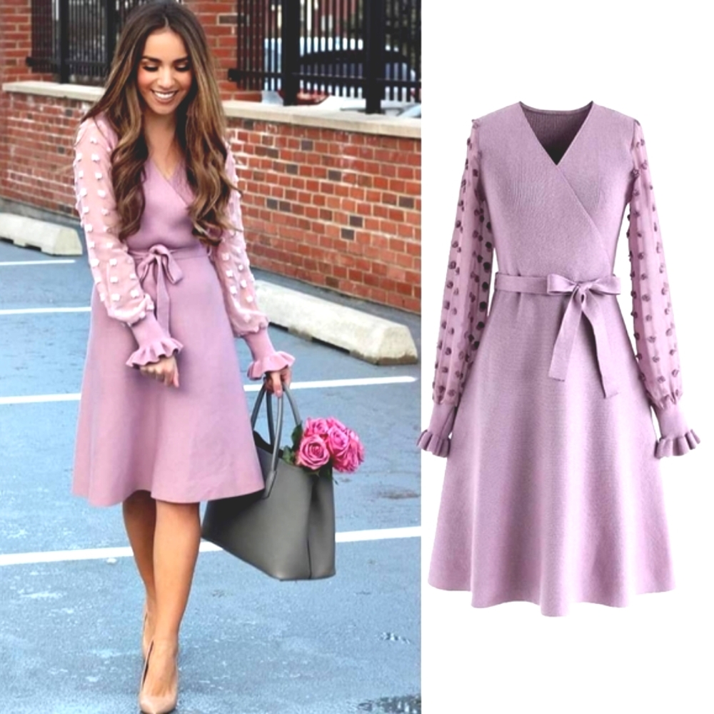 Nwot Chic Wish Violet Pink Longsleeve Faux Wrap Tie belt Ribbed Knit Dress